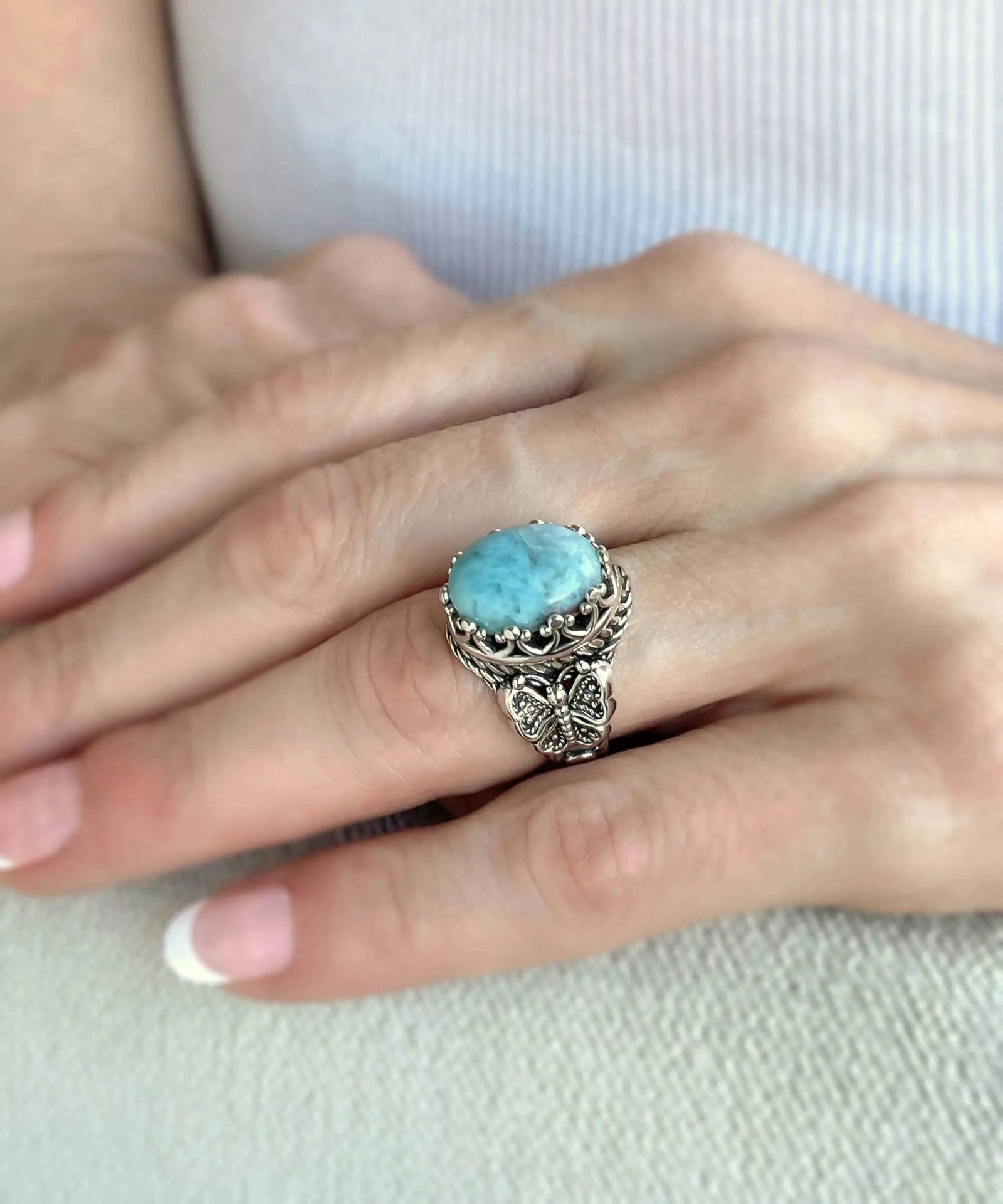 Larimar Gemstone Filigree Art Double Butterfly Detailed Women Silver Statement Ring - Drakoi Marketplace