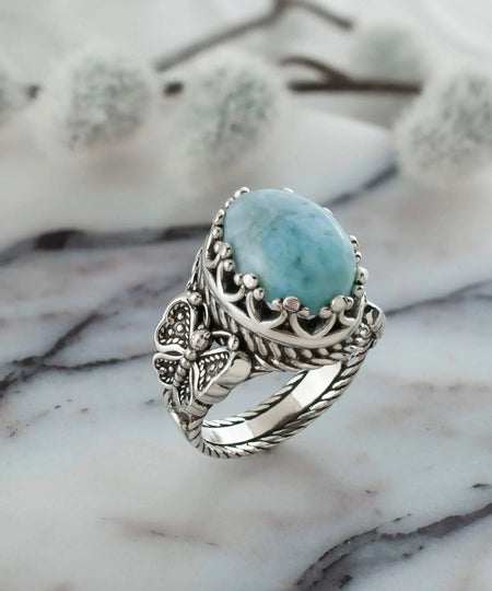 Larimar Gemstone Filigree Art Double Butterfly Detailed Women Silver Statement Ring - Drakoi Marketplace