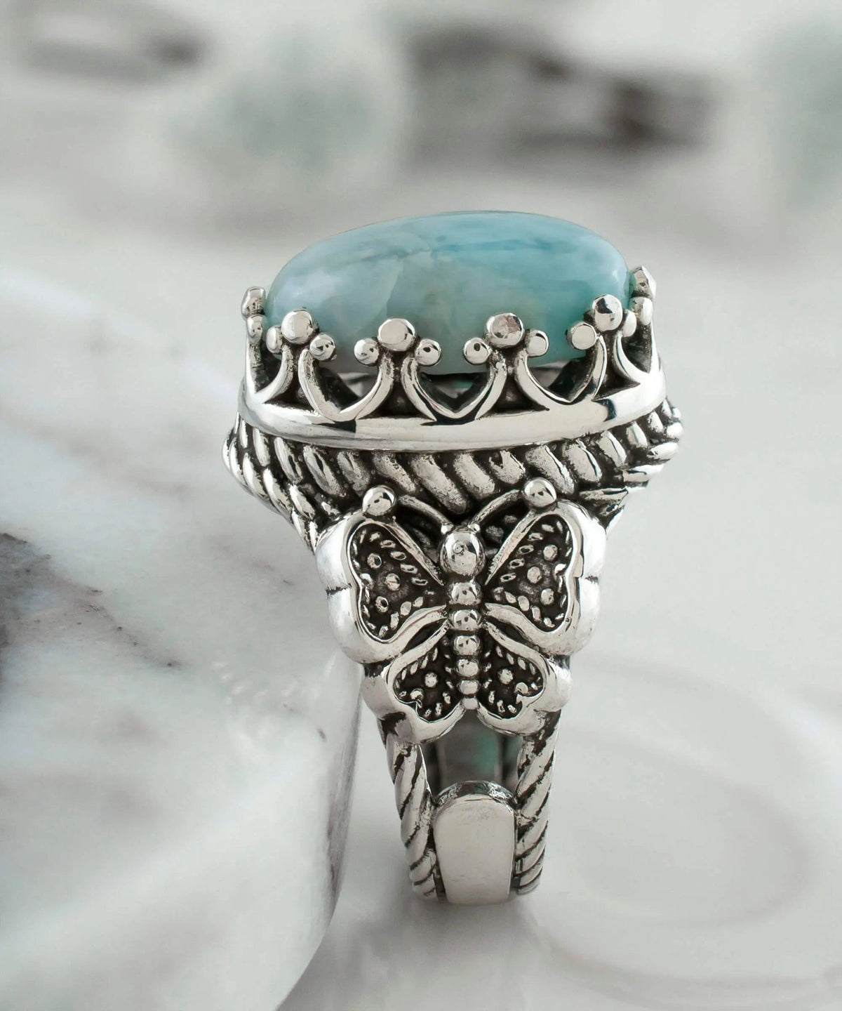 Larimar Gemstone Filigree Art Double Butterfly Detailed Women Silver Statement Ring - Drakoi Marketplace