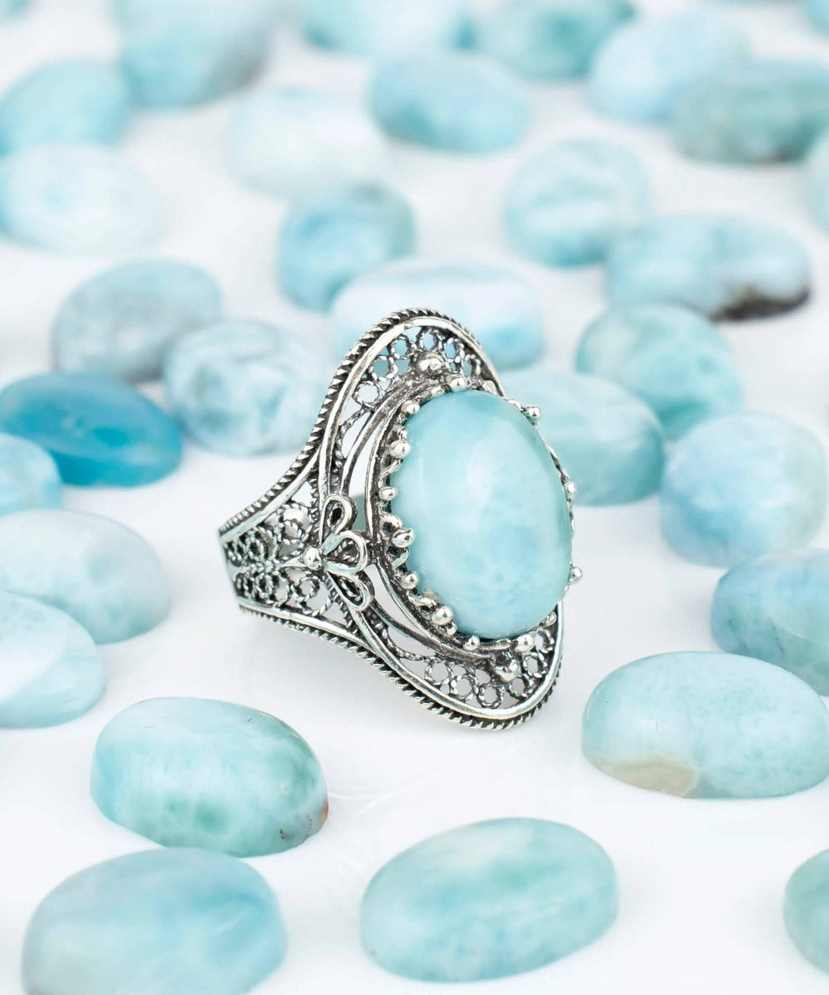 Larimar Gemstone Filigree Art Woman Silver Statement Ring - Drakoi Marketplace