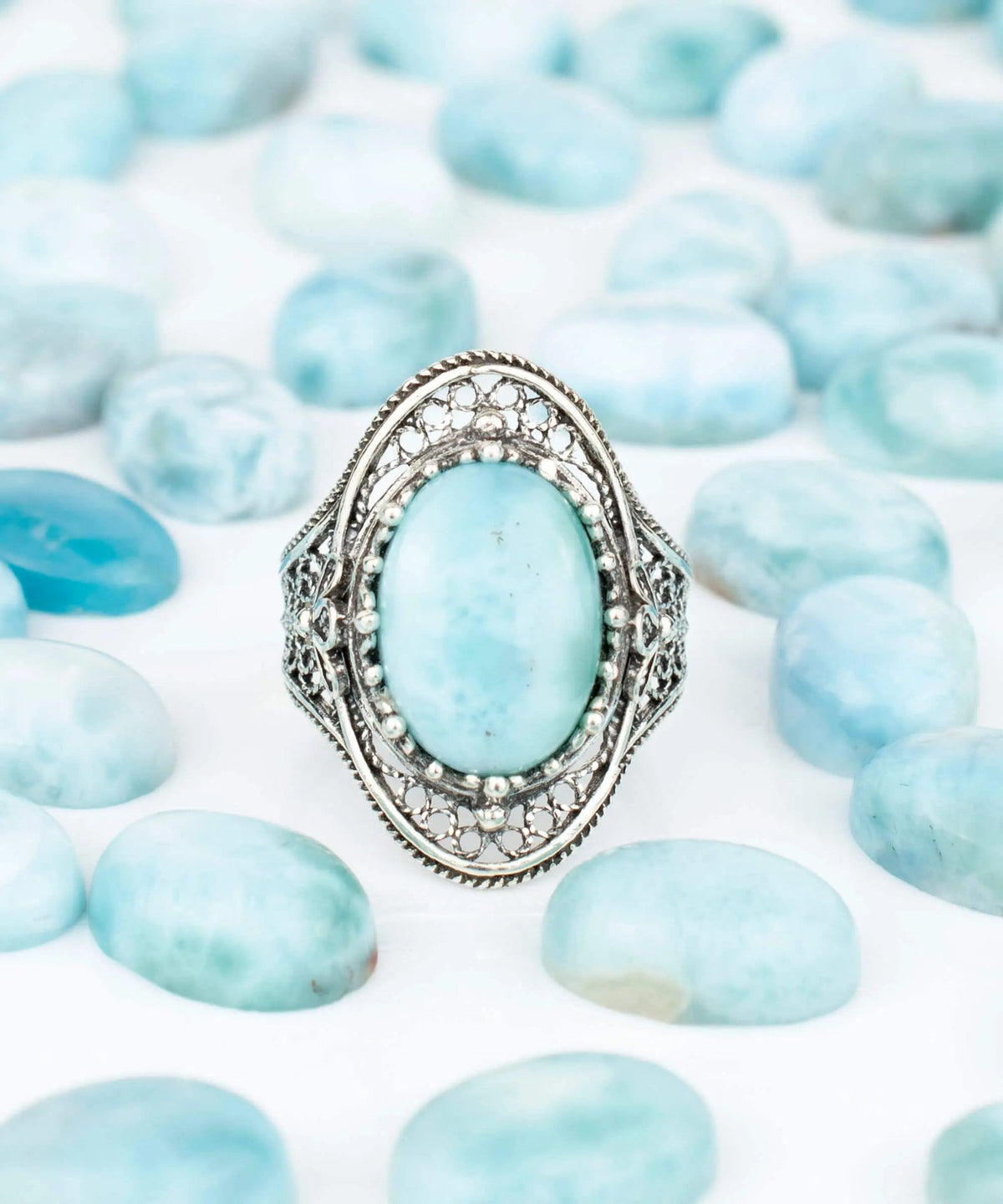 Larimar Gemstone Filigree Art Woman Silver Statement Ring - Drakoi Marketplace