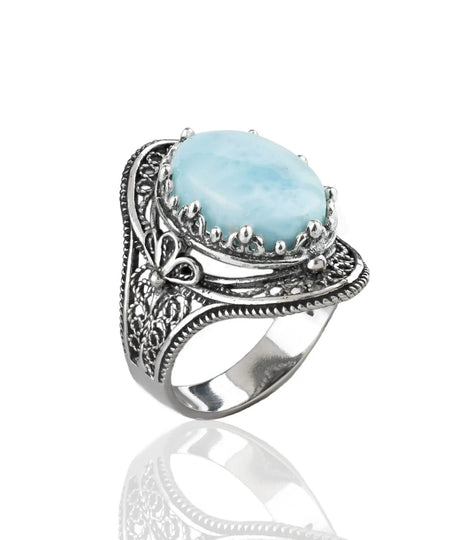 Larimar Gemstone Filigree Art Woman Silver Statement Ring - Drakoi Marketplace