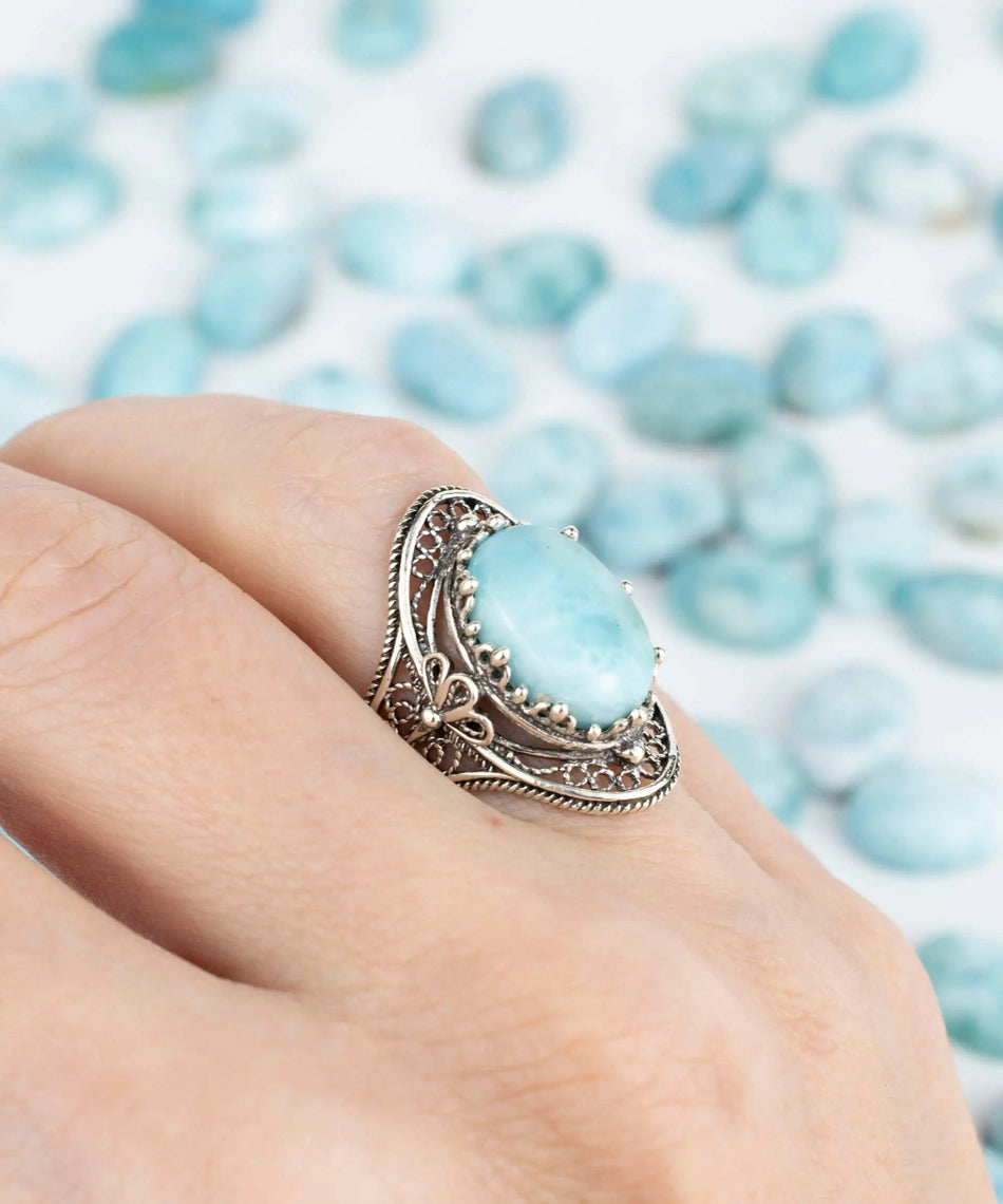 Larimar Gemstone Filigree Art Woman Silver Statement Ring - Drakoi Marketplace