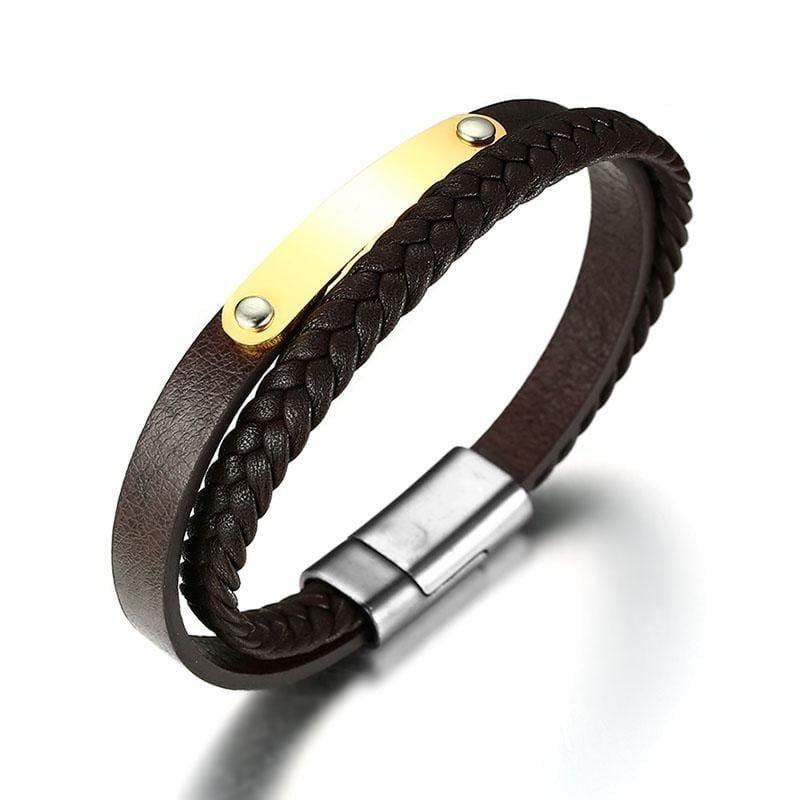 Leather Stainless Steel Gold Engravable Bracelet - Drakoi Marketplace