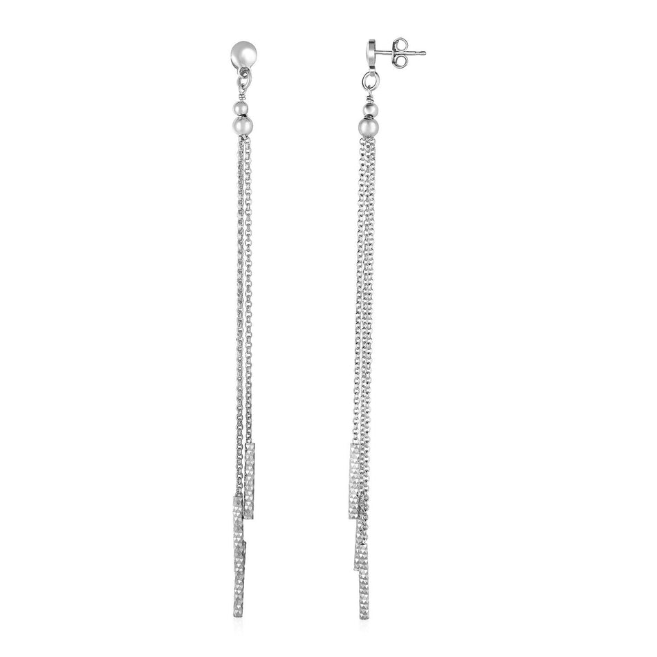 Long Chain Tassel and Textured Bar Drop Earrings in Sterling Silver - Drakoi Marketplace