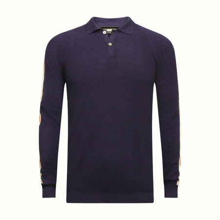 Long Sleeve Polo Shirt with sleeve striping Monaco Navy - Drakoi Marketplace