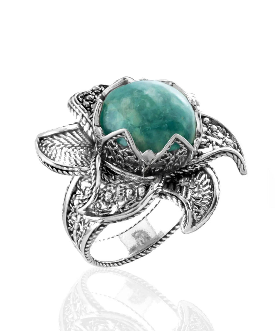 Lotus Flower Amazonite Gemstone Women Silver Statement Ring - Drakoi Marketplace