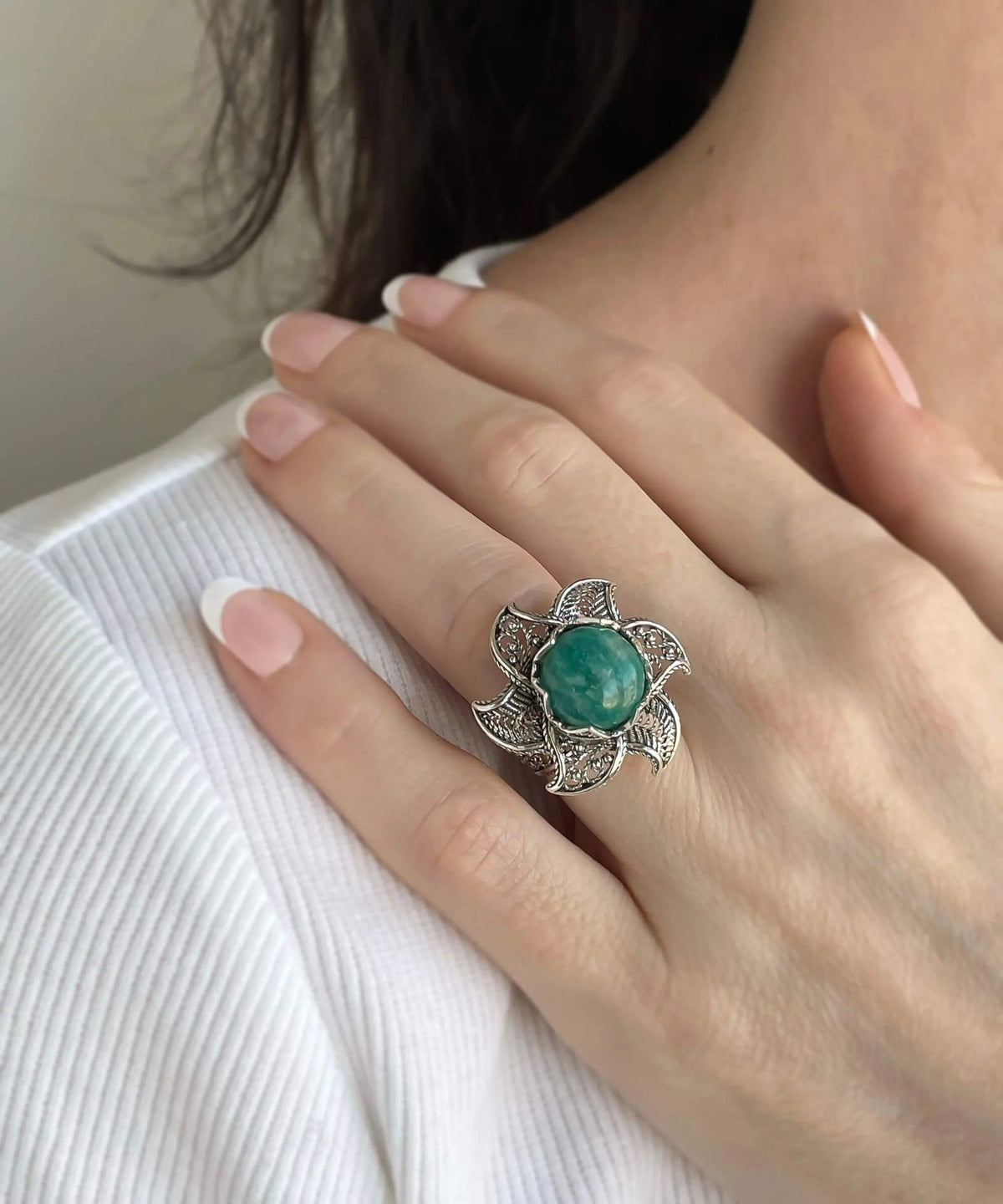 Lotus Flower Amazonite Gemstone Women Silver Statement Ring - Drakoi Marketplace