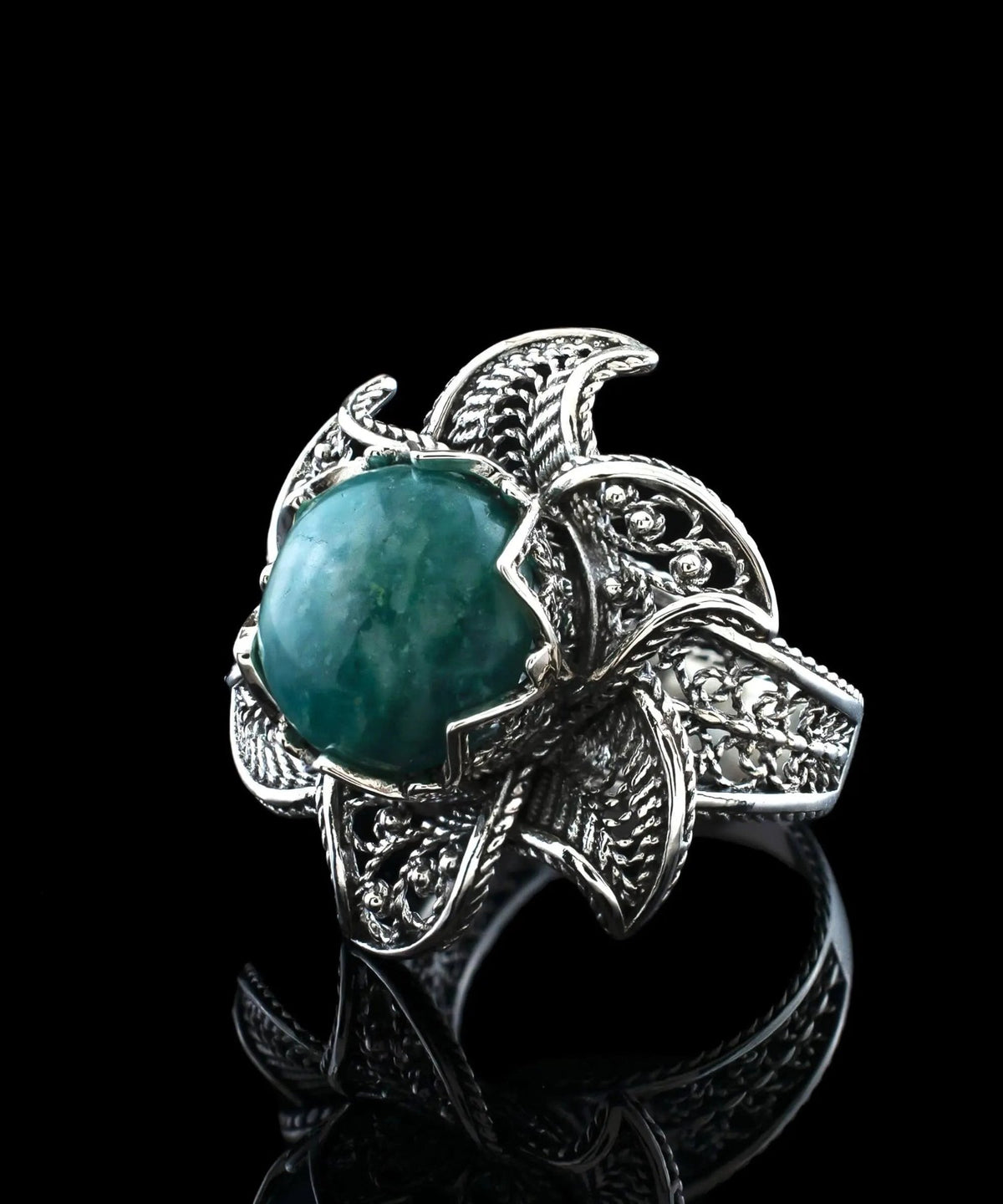 Lotus Flower Amazonite Gemstone Women Silver Statement Ring - Drakoi Marketplace