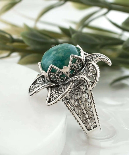 Lotus Flower Amazonite Gemstone Women Silver Statement Ring - Drakoi Marketplace