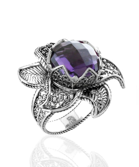 Lotus Flower Amethyst Gemstone Women Silver Statement Ring - Drakoi Marketplace