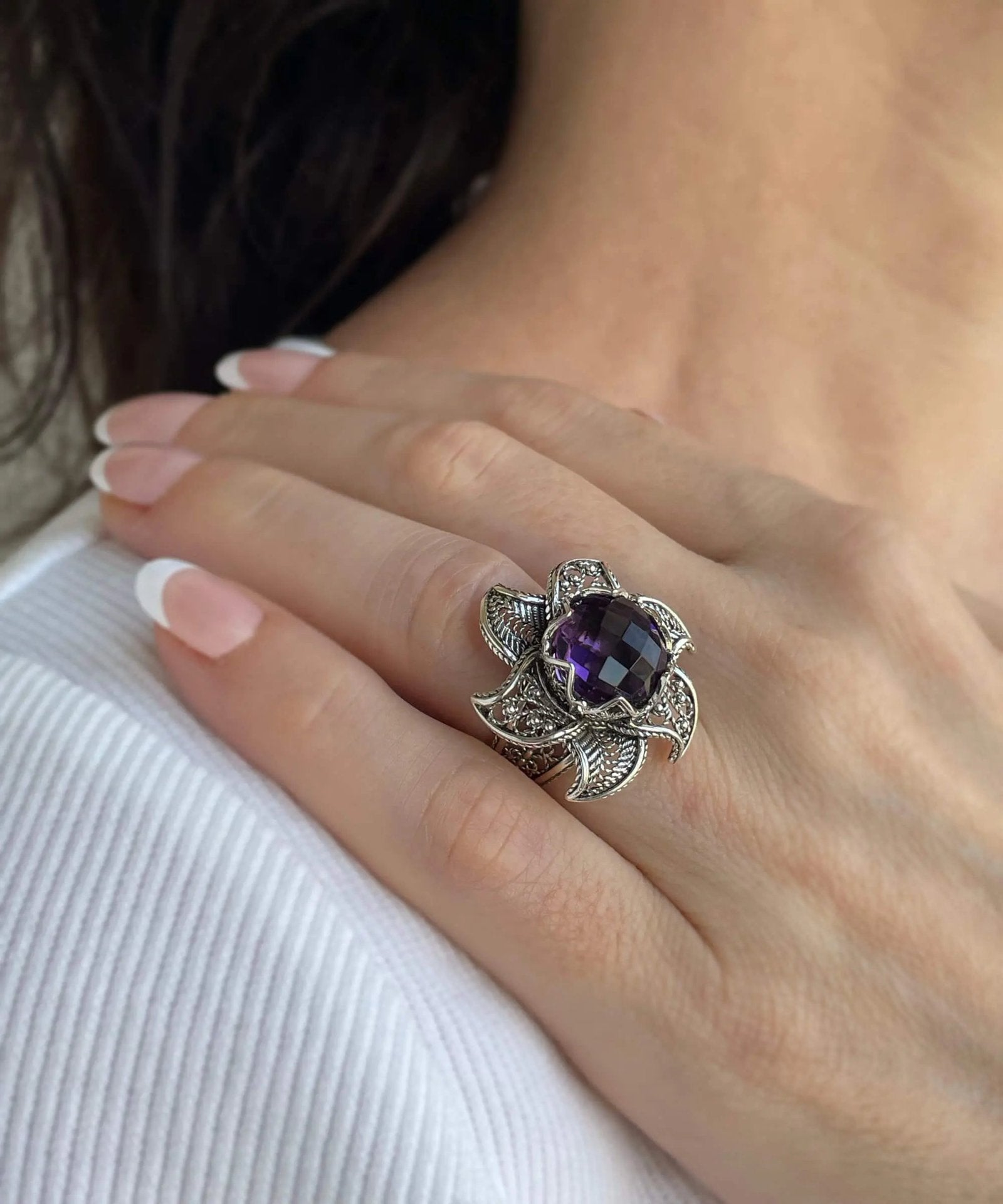 Lotus Flower Amethyst Gemstone Women Silver Statement Ring - Drakoi Marketplace