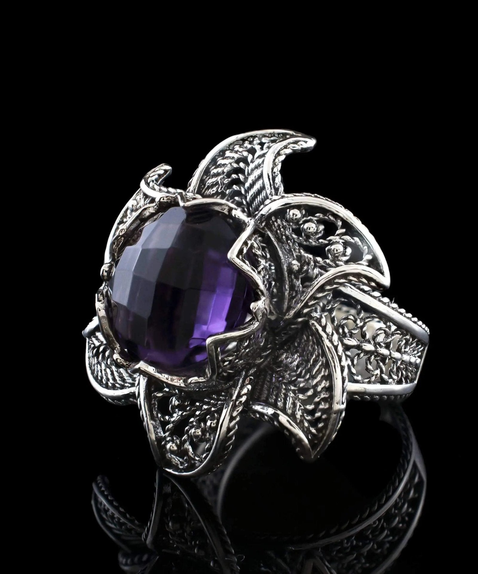 Lotus Flower Amethyst Gemstone Women Silver Statement Ring - Drakoi Marketplace