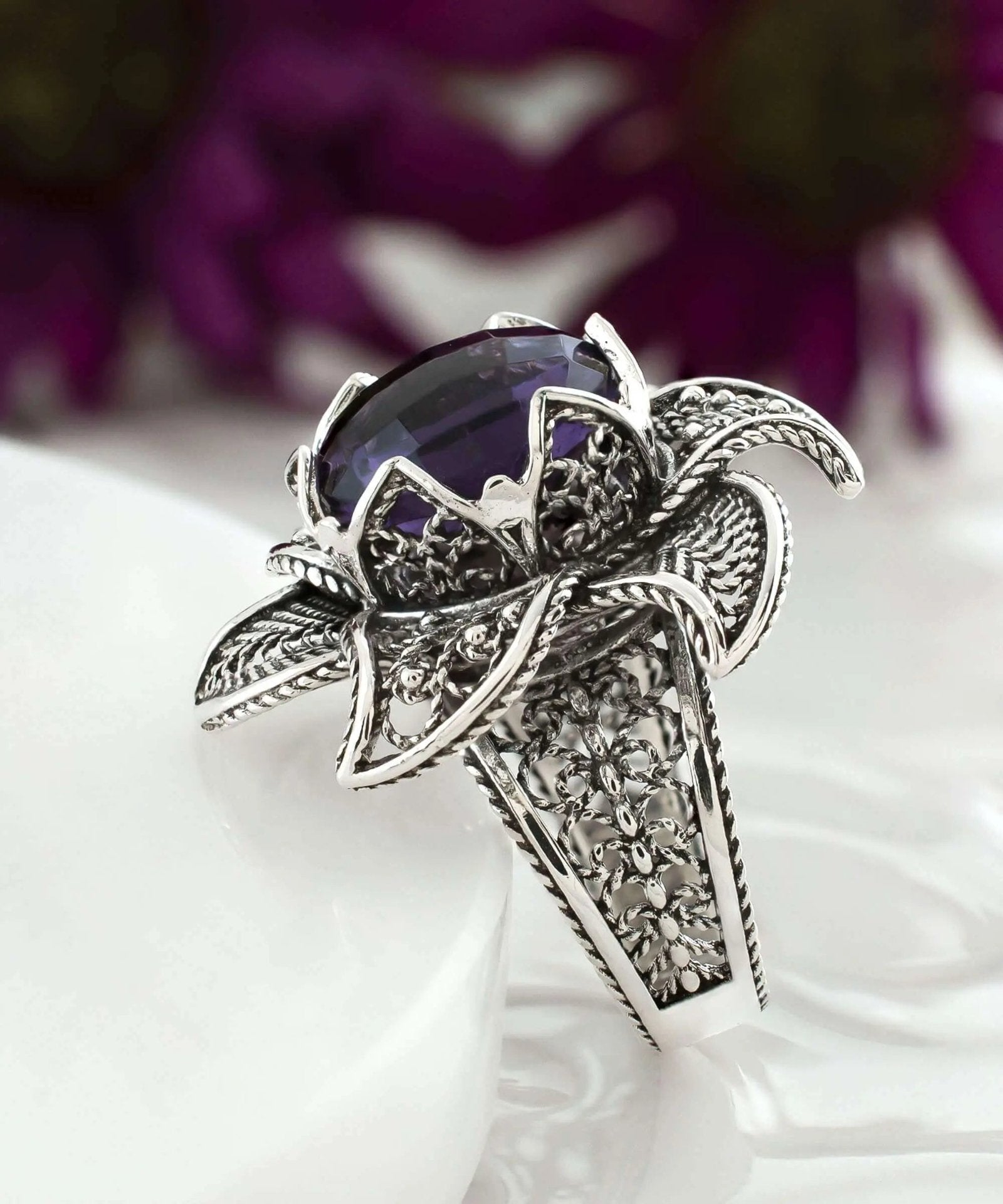 Lotus Flower Amethyst Gemstone Women Silver Statement Ring - Drakoi Marketplace