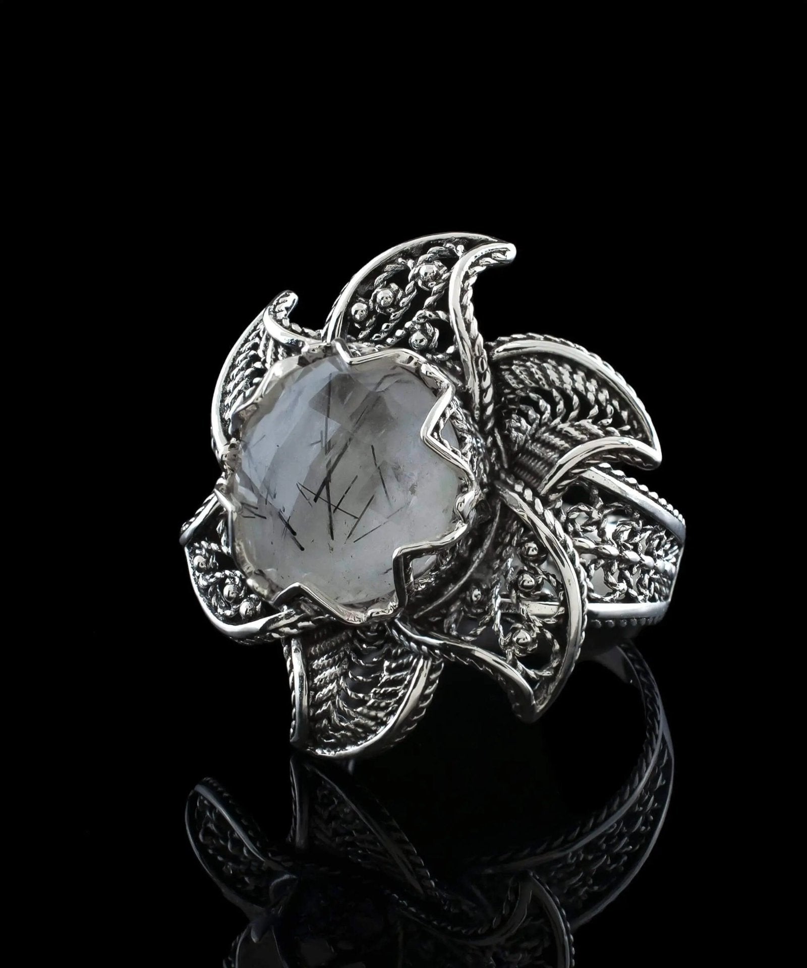 Lotus Flower Black Rutile Gemstone Women Silver Statement Ring - Drakoi Marketplace