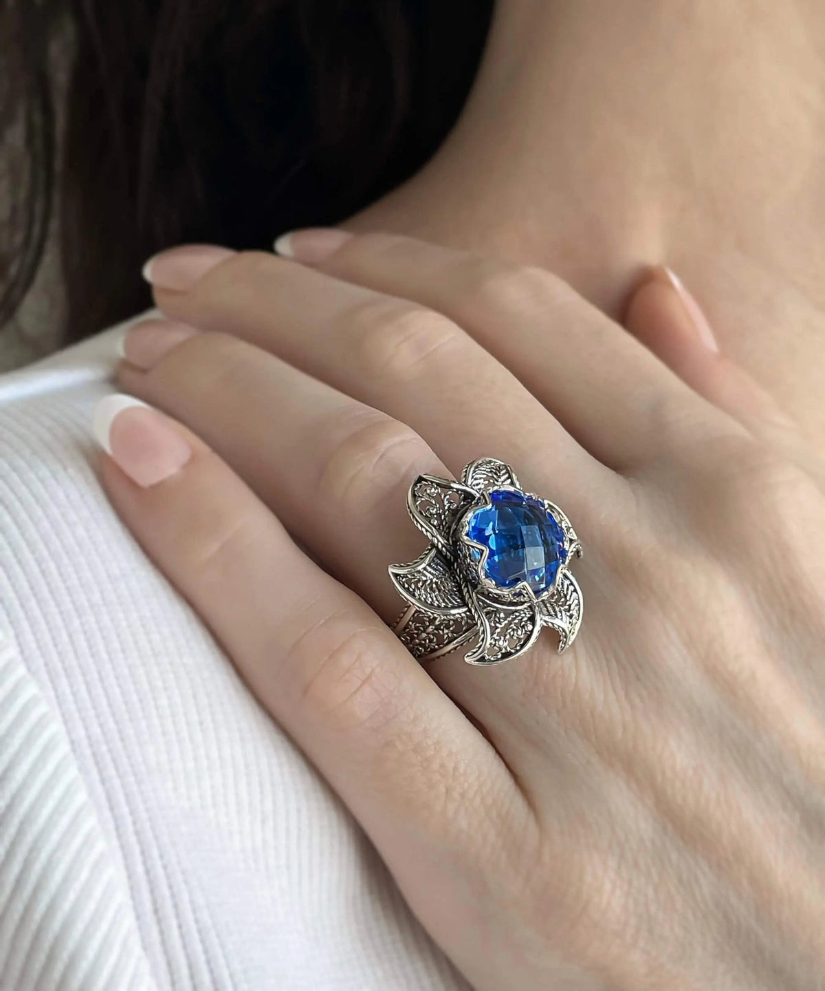 Lotus Flower Blue Quartz Gemstone Women Silver Statement Ring - Drakoi Marketplace