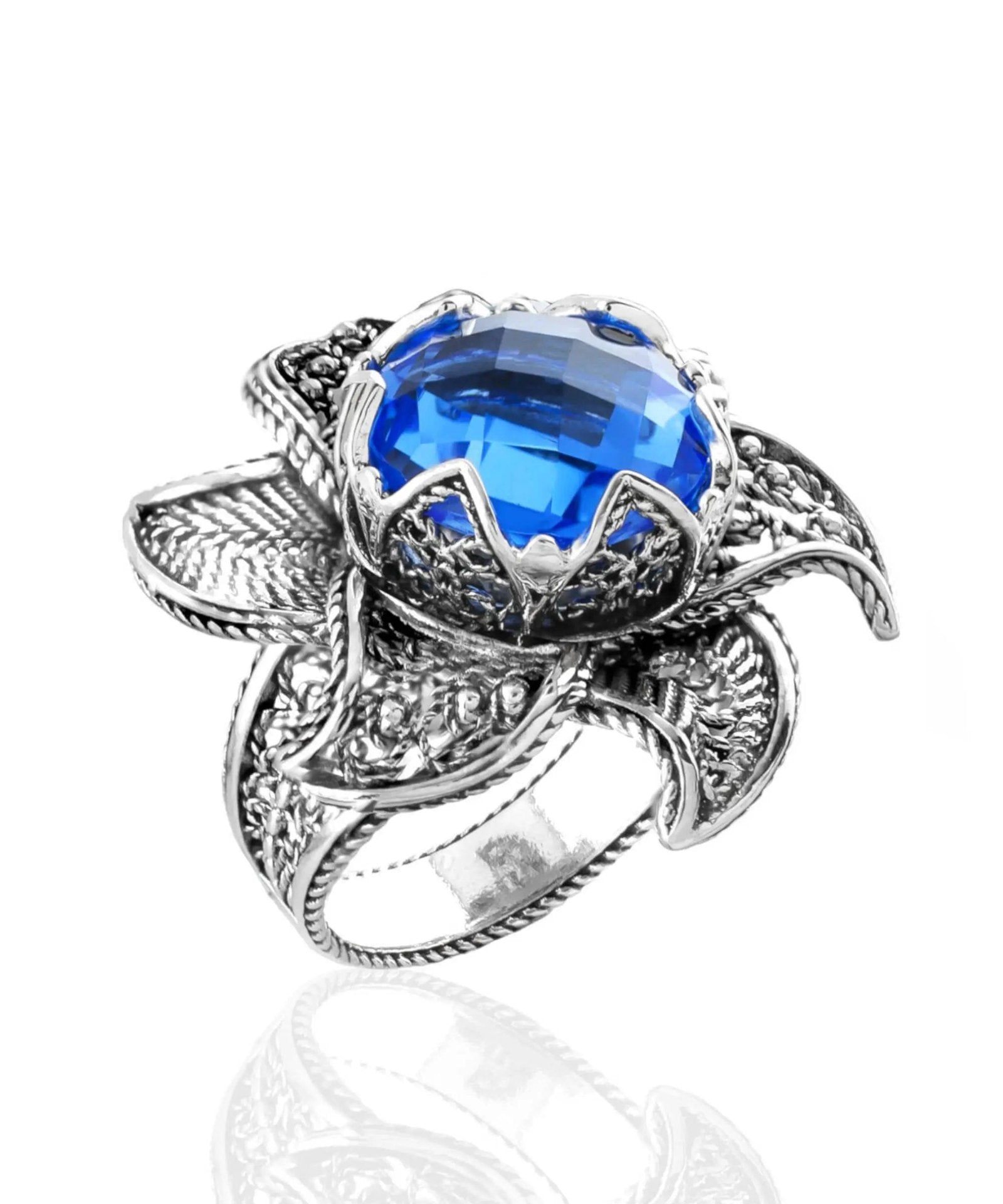 Lotus Flower Blue Quartz Gemstone Women Silver Statement Ring - Drakoi Marketplace