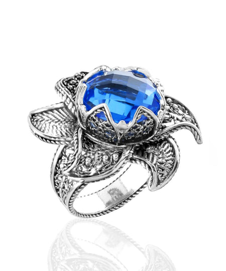 Lotus Flower Blue Quartz Gemstone Women Silver Statement Ring - Drakoi Marketplace