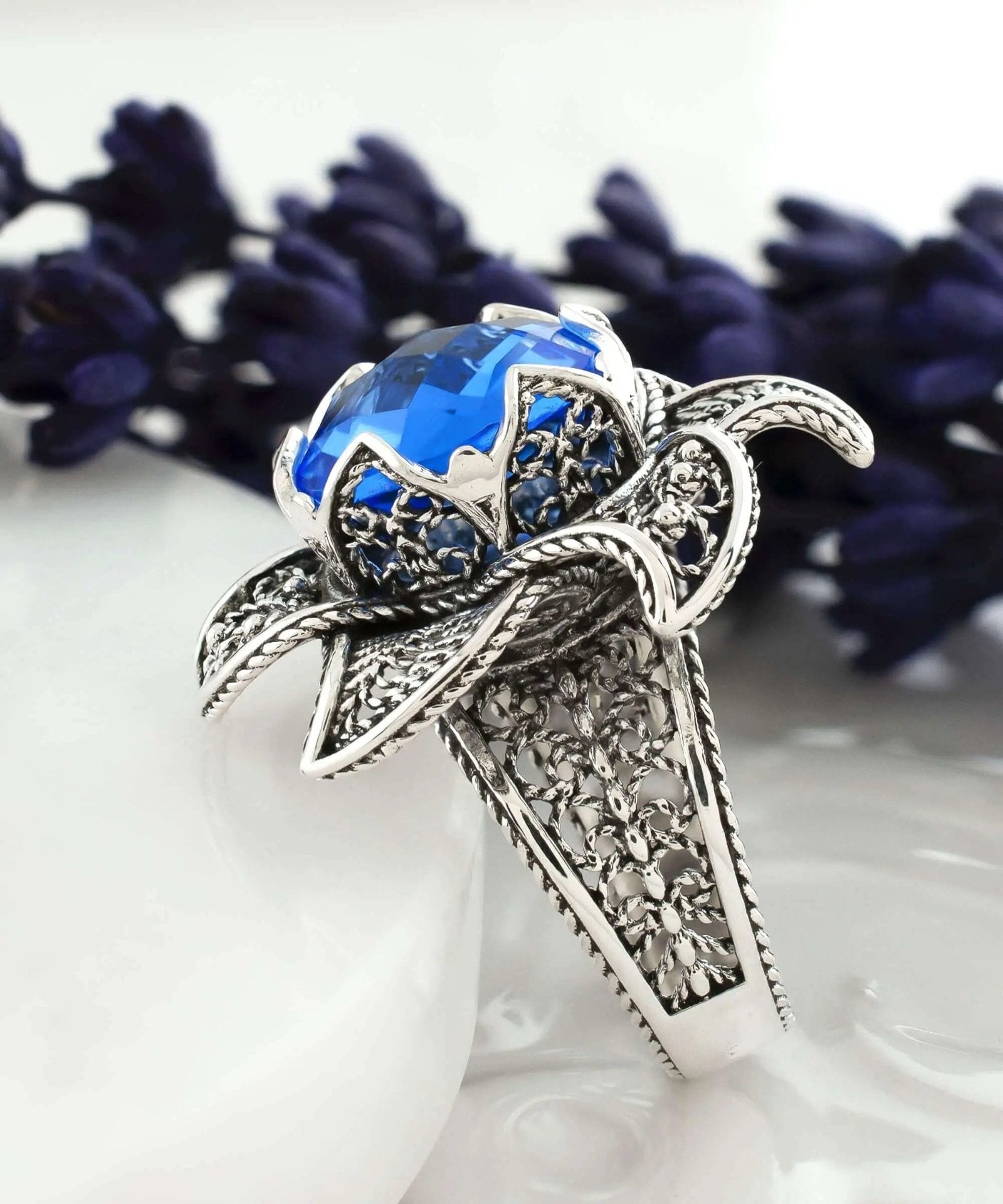 Lotus Flower Blue Quartz Gemstone Women Silver Statement Ring - Drakoi Marketplace