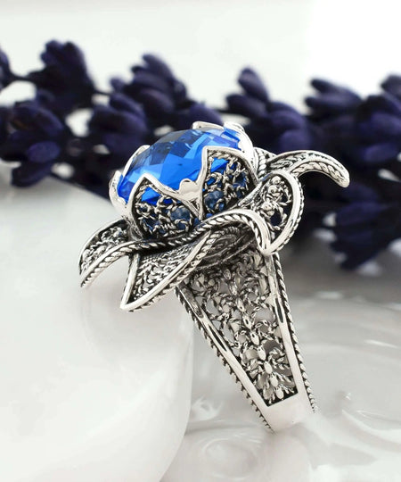 Lotus Flower Blue Quartz Gemstone Women Silver Statement Ring - Drakoi Marketplace