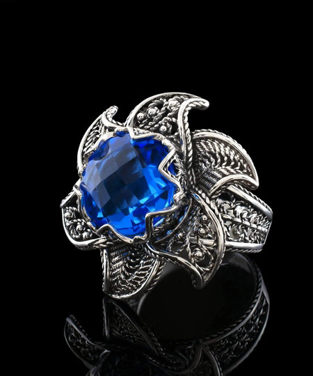 Lotus Flower Blue Quartz Gemstone Women Silver Statement Ring - Drakoi Marketplace