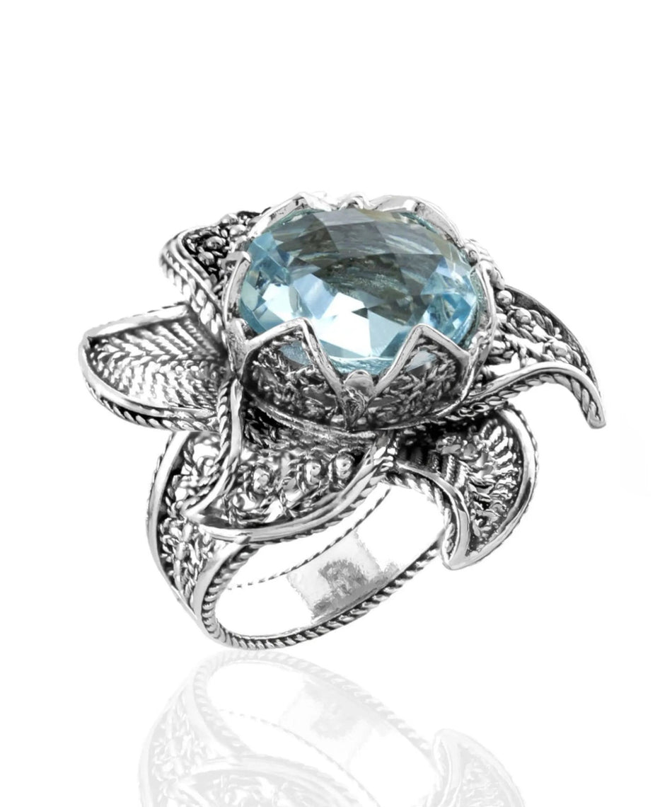 Lotus Flower Blue Topaz Gemstone Women Silver Statement Ring - Drakoi Marketplace