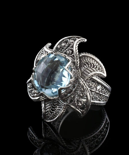 Lotus Flower Blue Topaz Gemstone Women Silver Statement Ring - Drakoi Marketplace