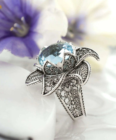 Lotus Flower Blue Topaz Gemstone Women Silver Statement Ring - Drakoi Marketplace