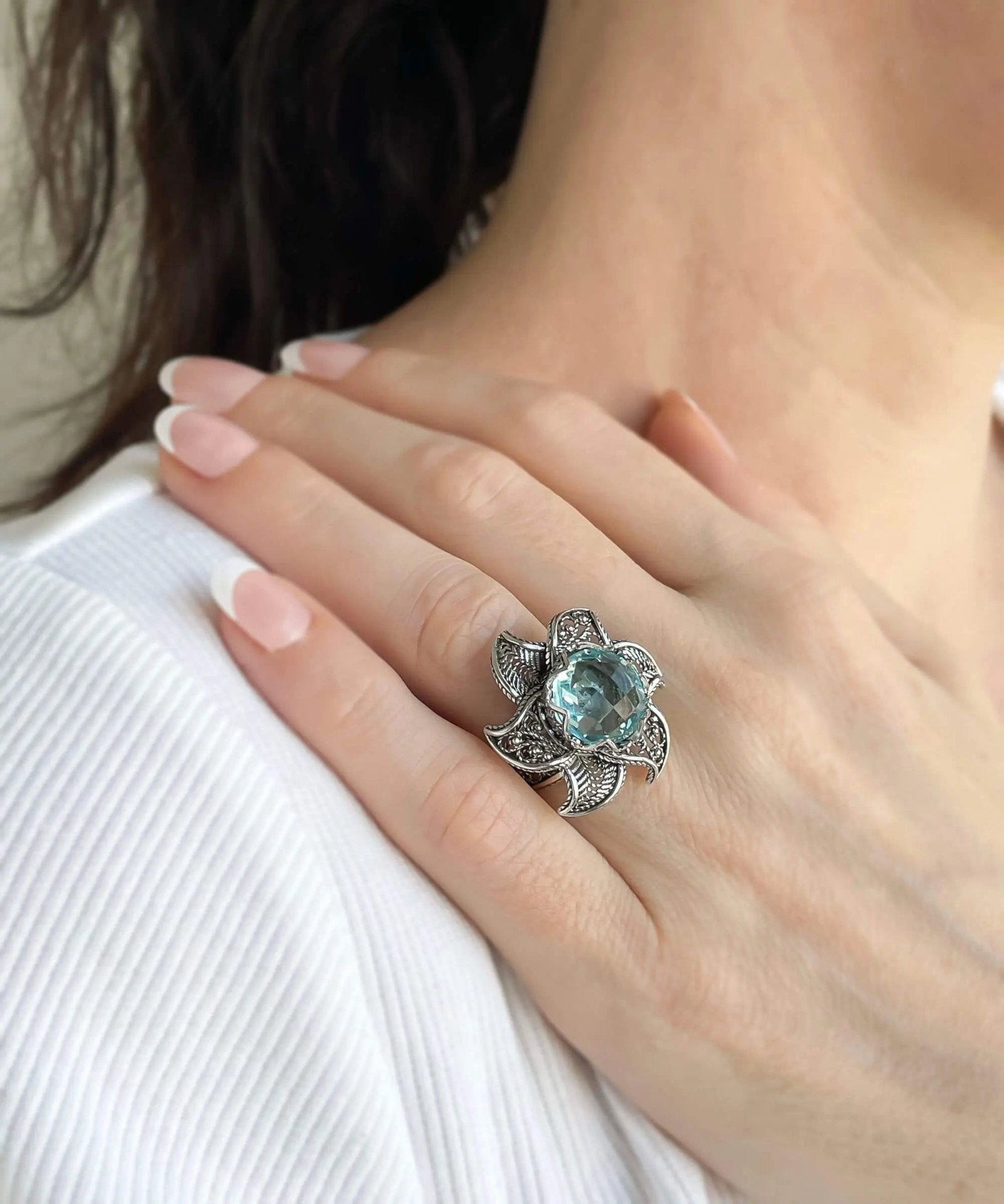 Lotus Flower Blue Topaz Gemstone Women Silver Statement Ring - Drakoi Marketplace