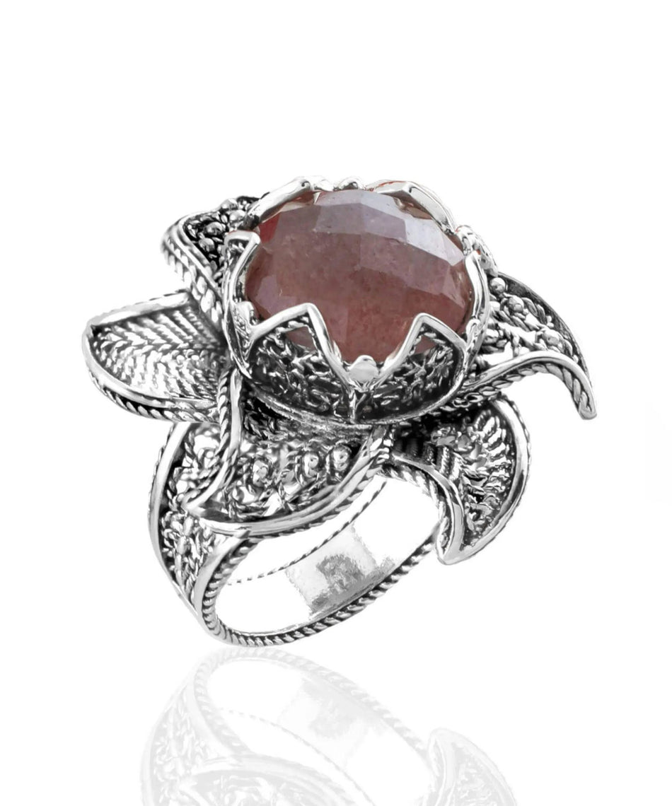 Lotus Flower Cherry Quartz Gemstone Women Silver Statement Ring - Drakoi Marketplace