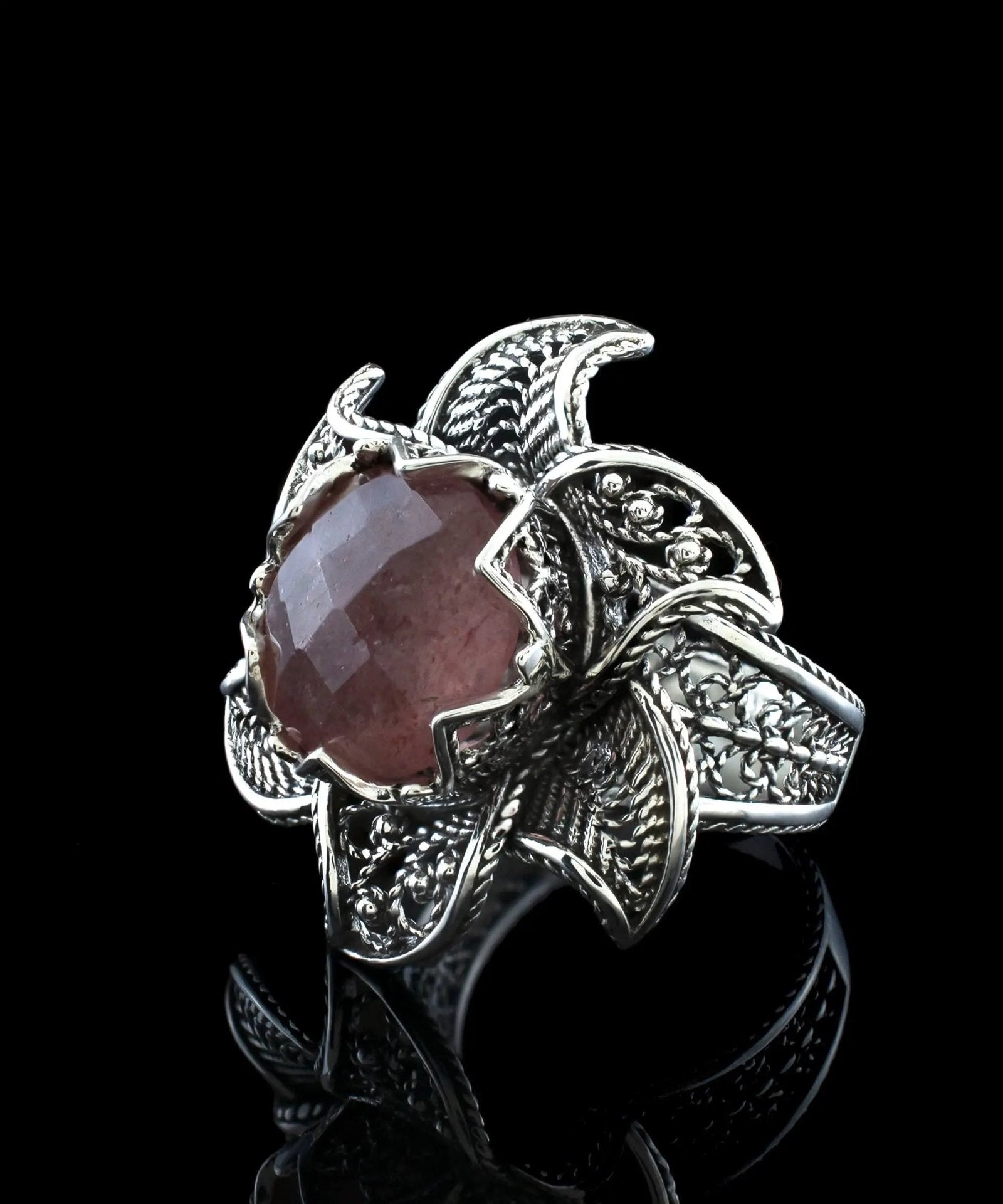 Lotus Flower Cherry Quartz Gemstone Women Silver Statement Ring - Drakoi Marketplace