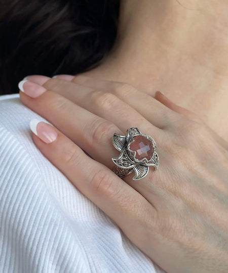 Lotus Flower Cherry Quartz Gemstone Women Silver Statement Ring - Drakoi Marketplace