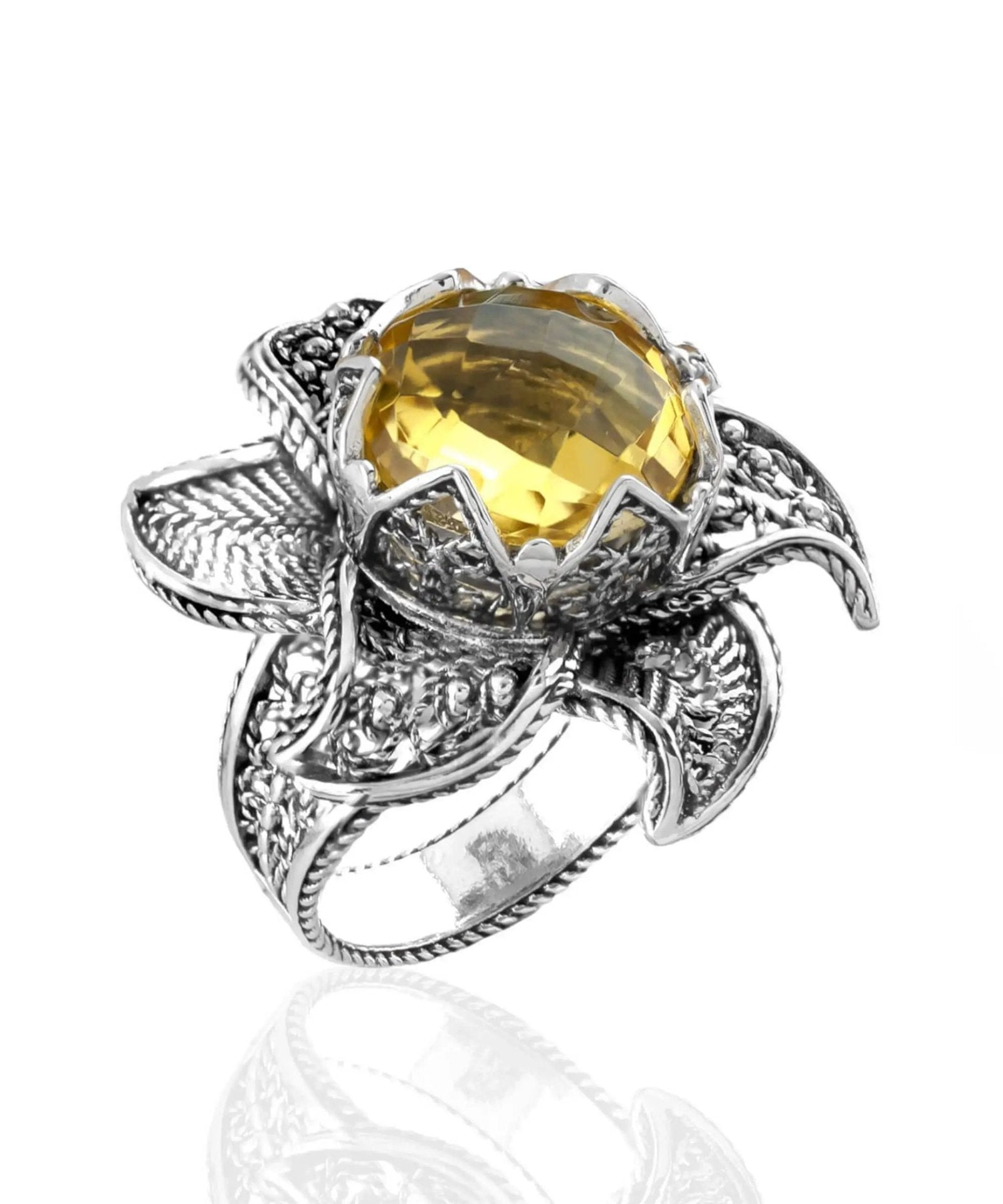 Lotus Flower Citrine Gemstone Women Silver Statement Ring - Drakoi Marketplace