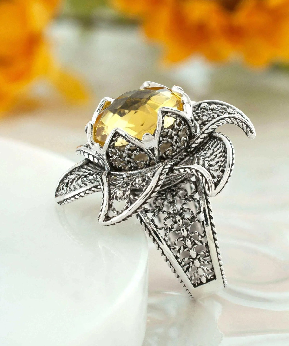 Lotus Flower Citrine Gemstone Women Silver Statement Ring - Drakoi Marketplace