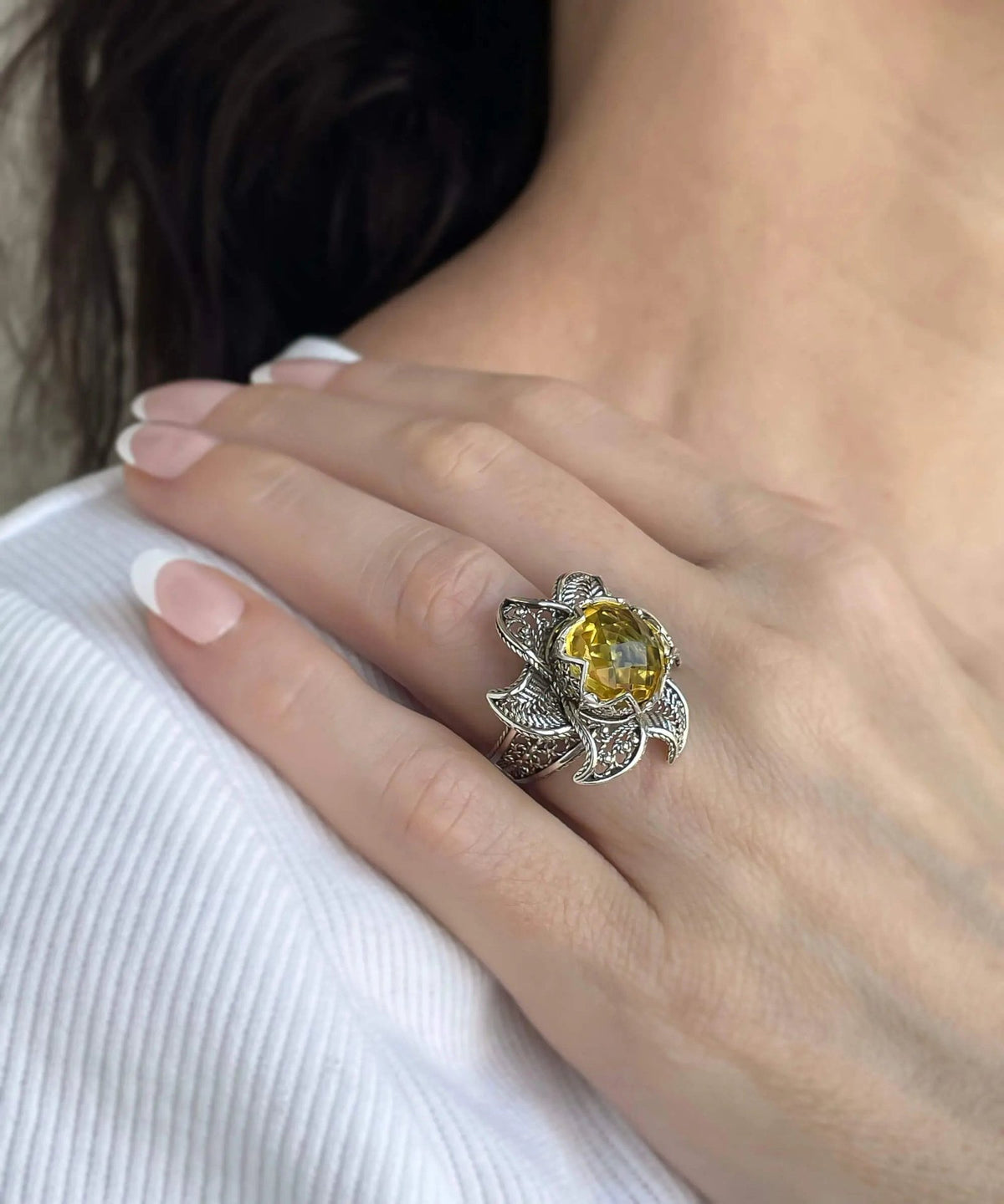 Lotus Flower Citrine Gemstone Women Silver Statement Ring - Drakoi Marketplace