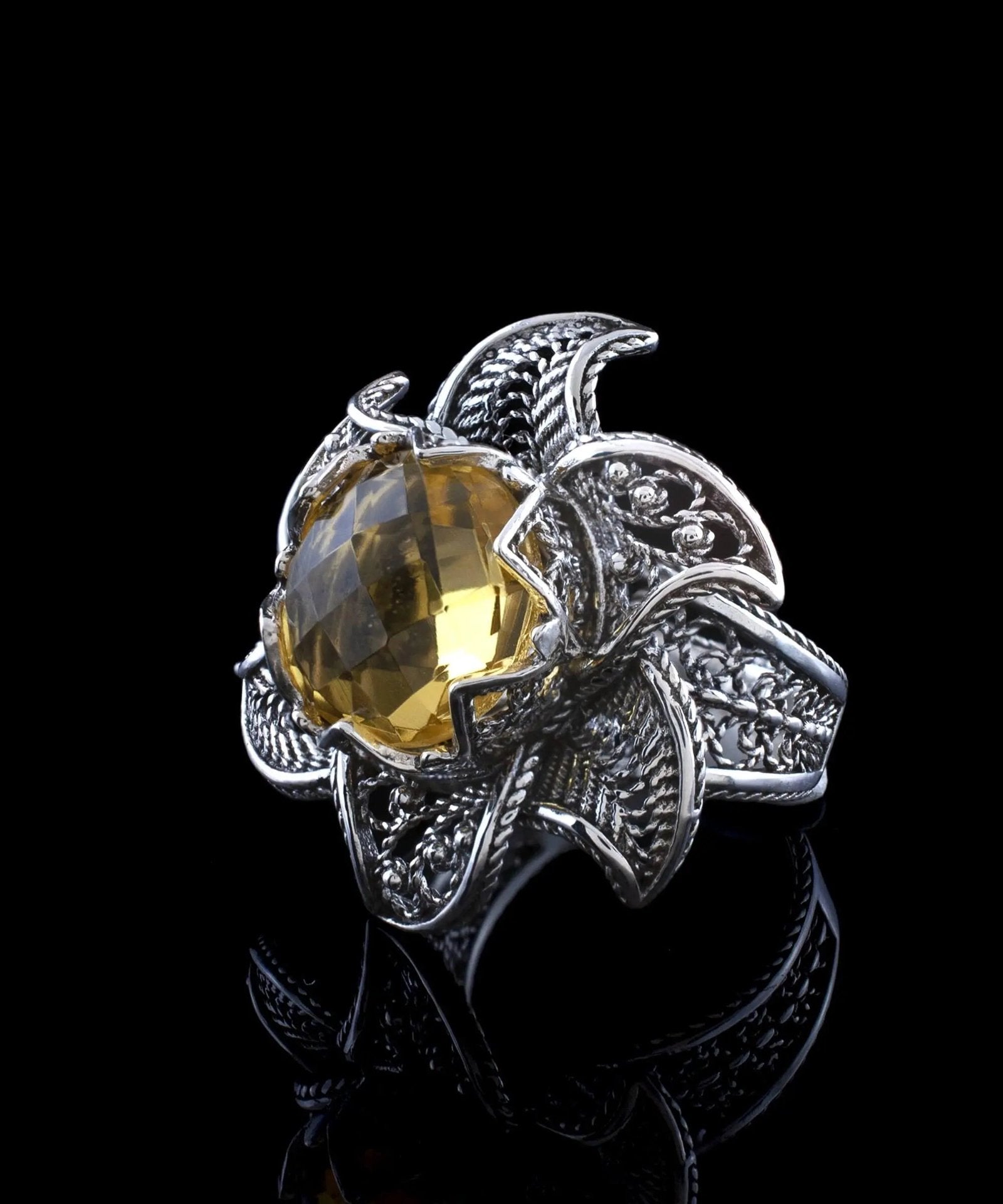 Lotus Flower Citrine Gemstone Women Silver Statement Ring - Drakoi Marketplace