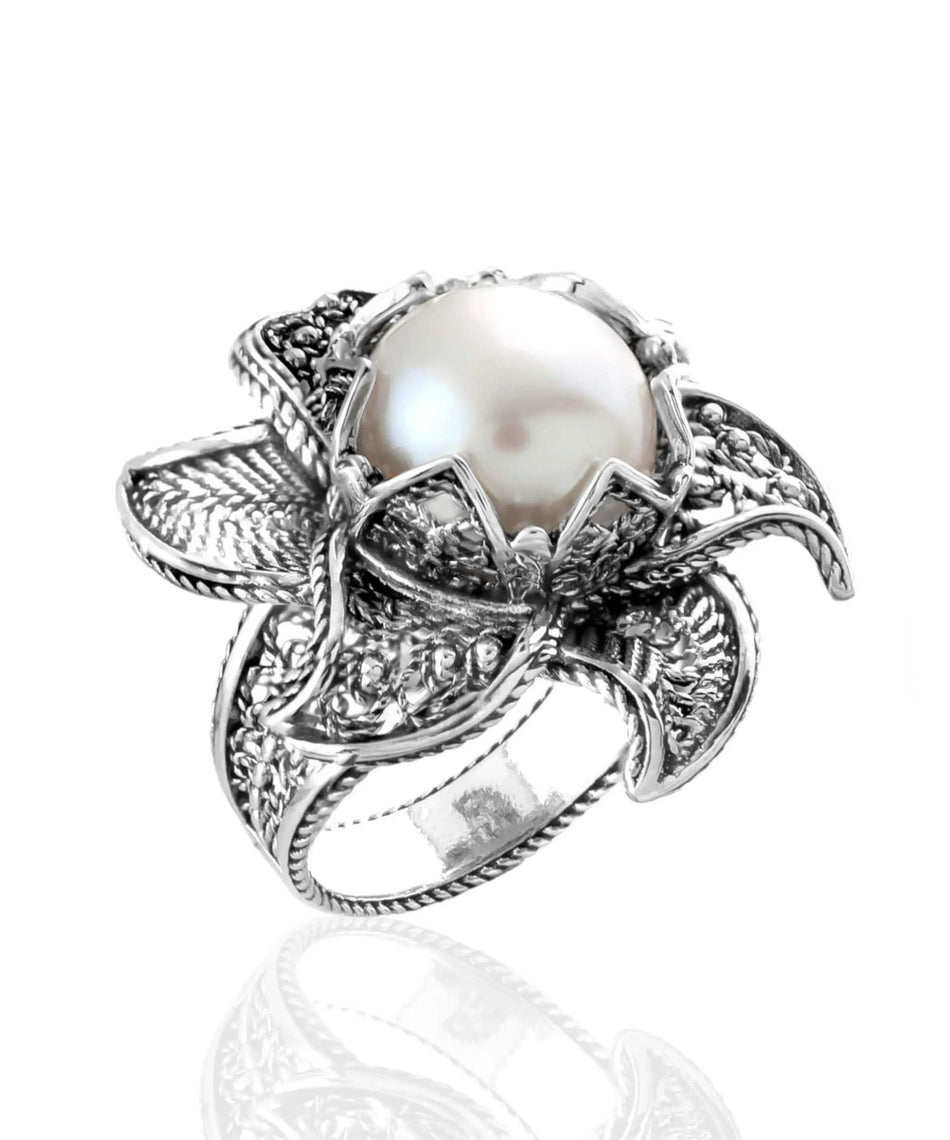 Lotus Flower Freshwater Pearl Women Silver Statement Ring - Drakoi Marketplace