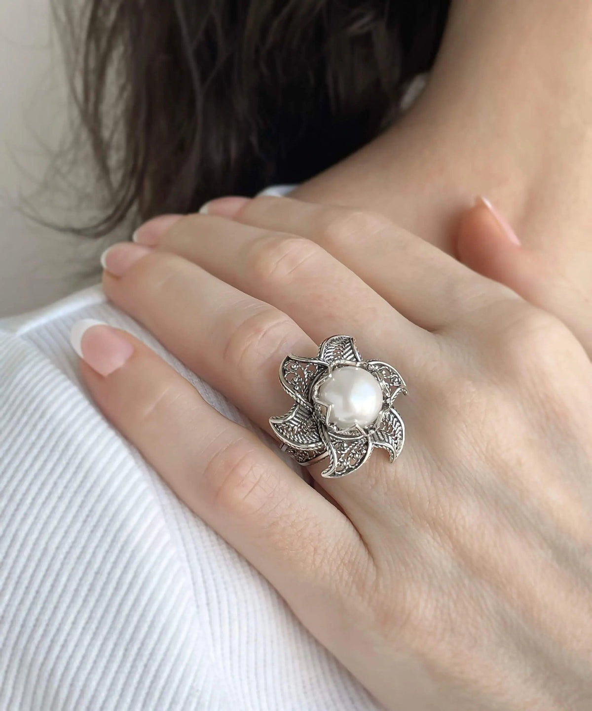 Lotus Flower Freshwater Pearl Women Silver Statement Ring - Drakoi Marketplace