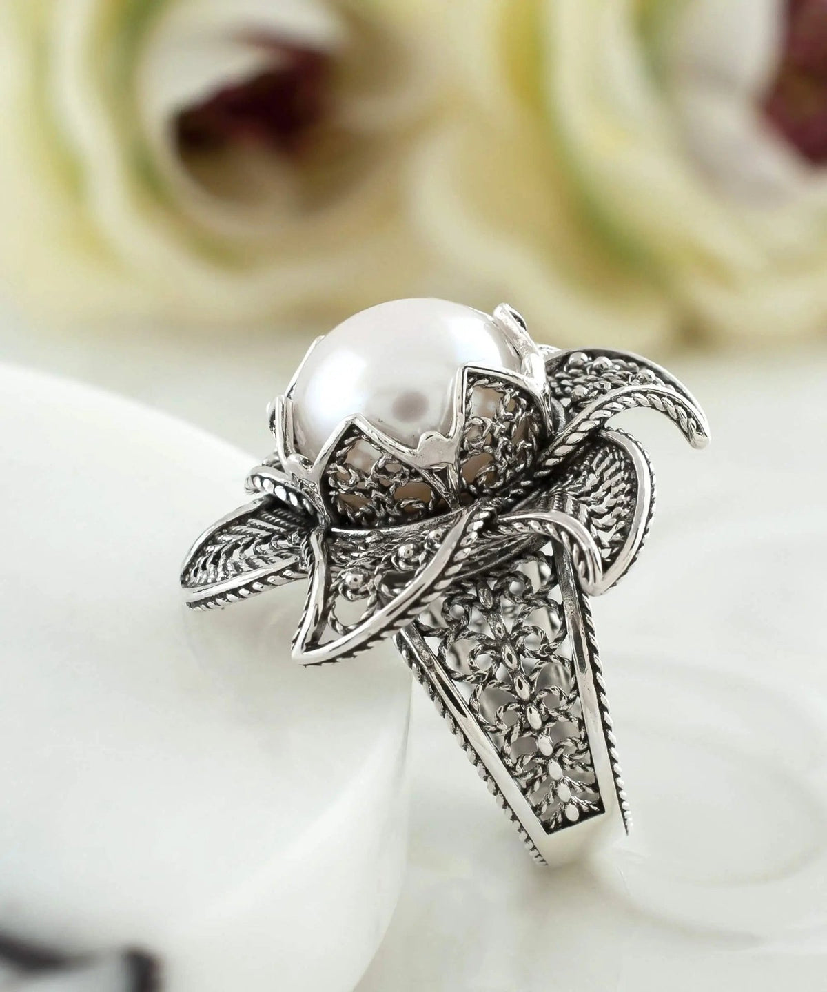 Lotus Flower Freshwater Pearl Women Silver Statement Ring - Drakoi Marketplace