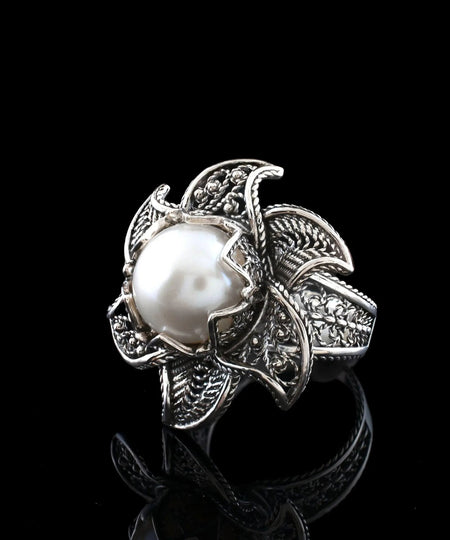 Lotus Flower Freshwater Pearl Women Silver Statement Ring - Drakoi Marketplace