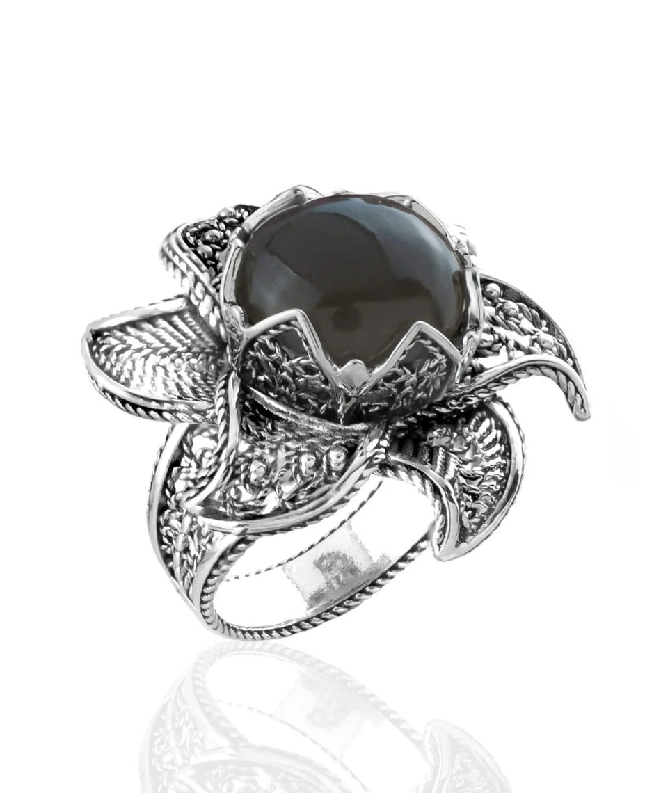 Lotus Flower Gray Moonstone Gemstone Women Silver Statement Ring - Drakoi Marketplace