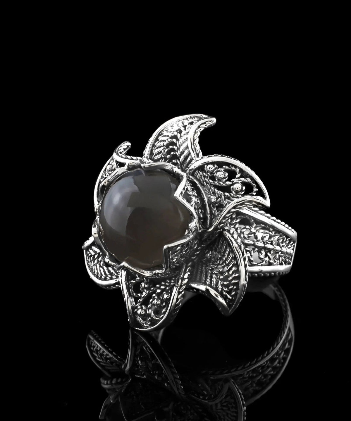 Lotus Flower Gray Moonstone Gemstone Women Silver Statement Ring - Drakoi Marketplace