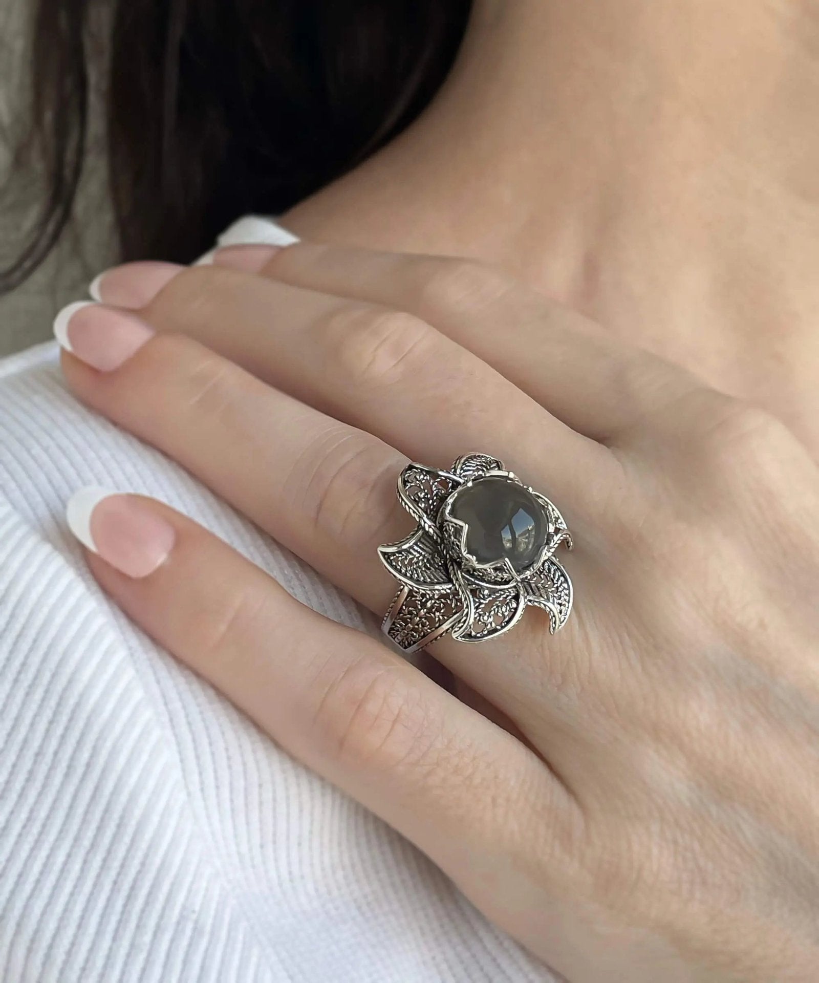 Lotus Flower Gray Moonstone Gemstone Women Silver Statement Ring - Drakoi Marketplace