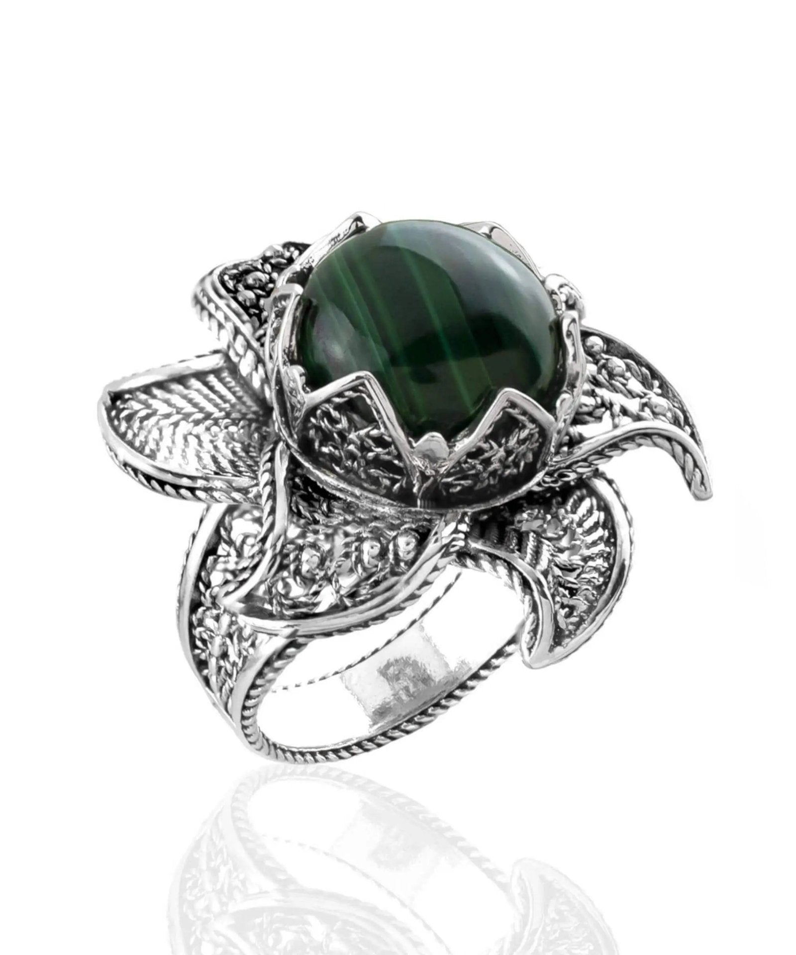 Lotus Flower Malachite Gemstone Women Silver Statement Ring - Drakoi Marketplace