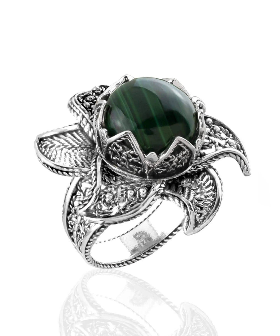 Lotus Flower Malachite Gemstone Women Silver Statement Ring - Drakoi Marketplace