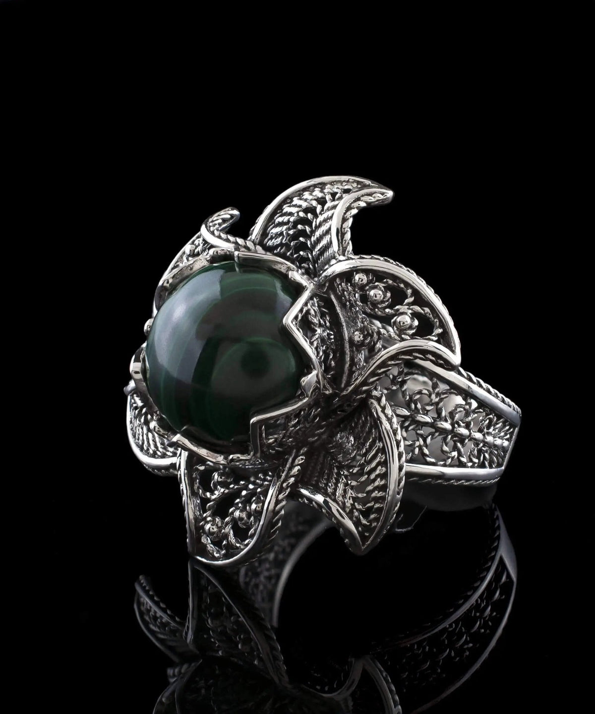 Lotus Flower Malachite Gemstone Women Silver Statement Ring - Drakoi Marketplace