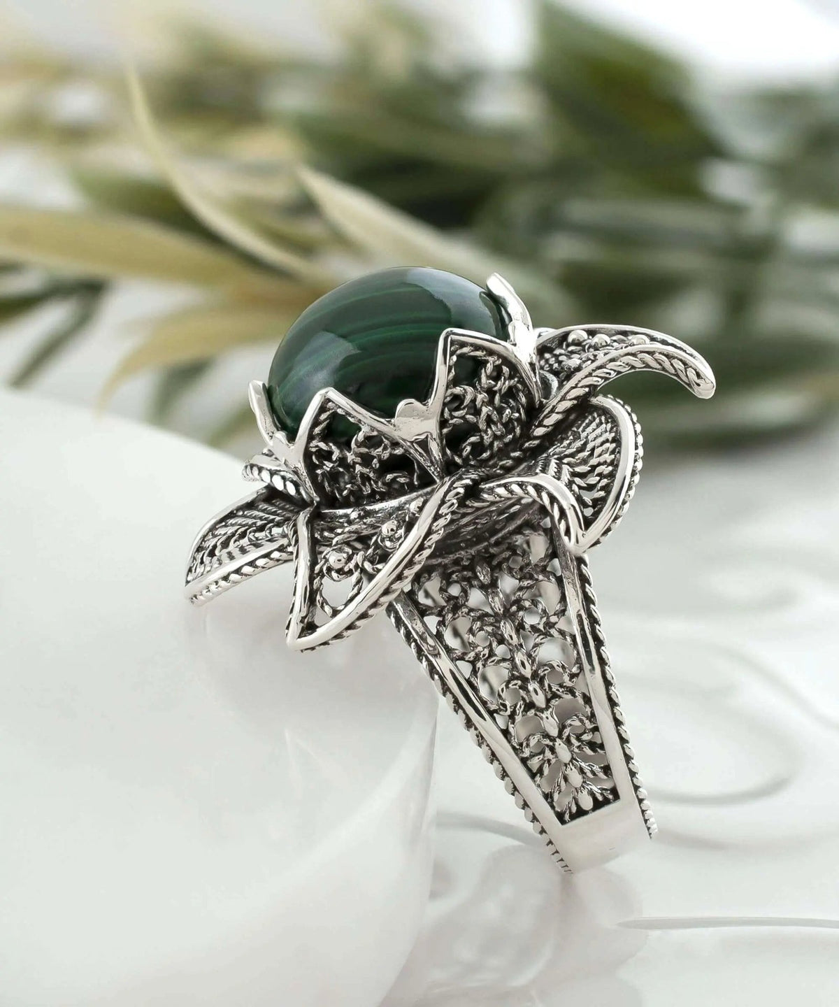 Lotus Flower Malachite Gemstone Women Silver Statement Ring - Drakoi Marketplace