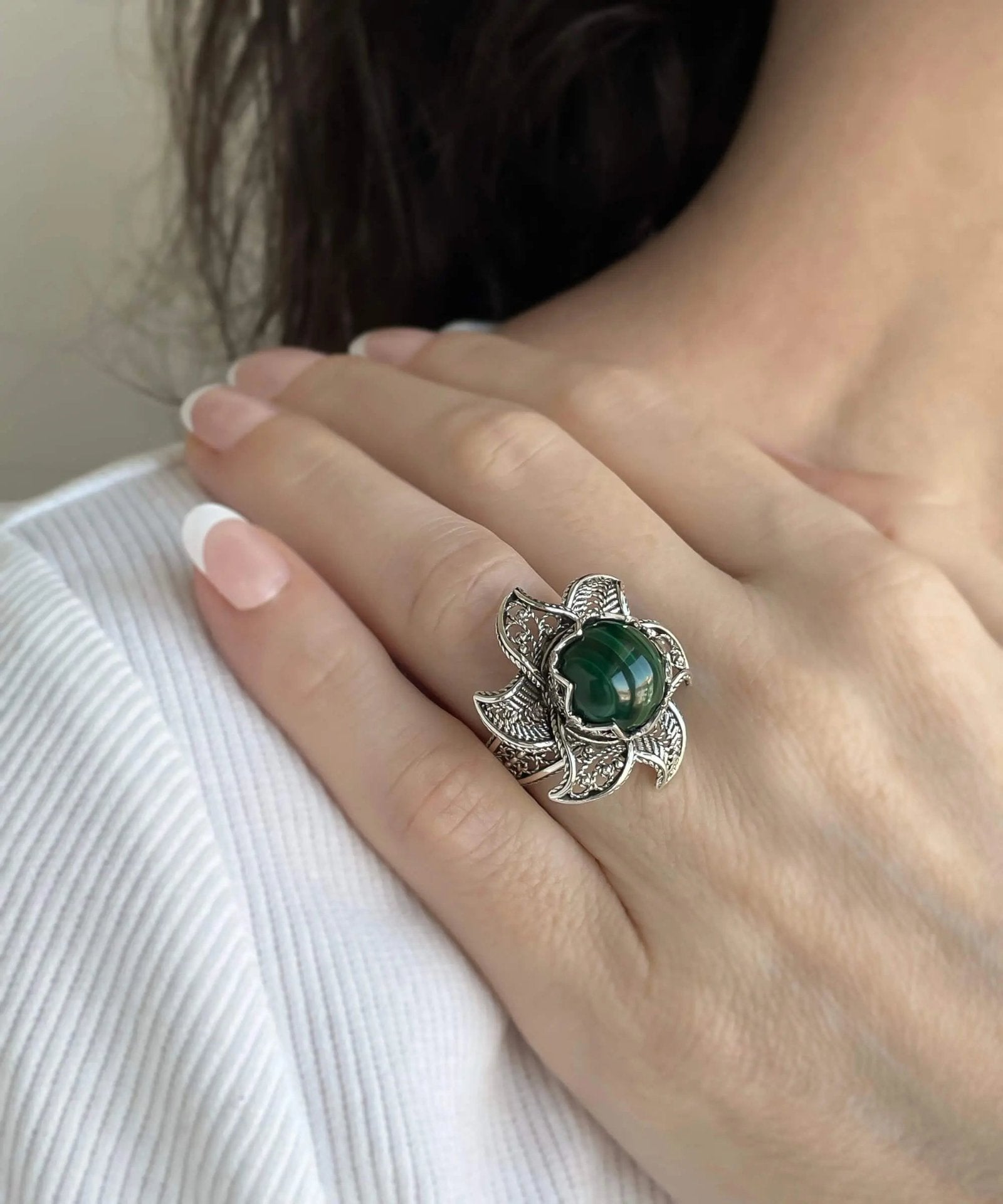 Lotus Flower Malachite Gemstone Women Silver Statement Ring - Drakoi Marketplace