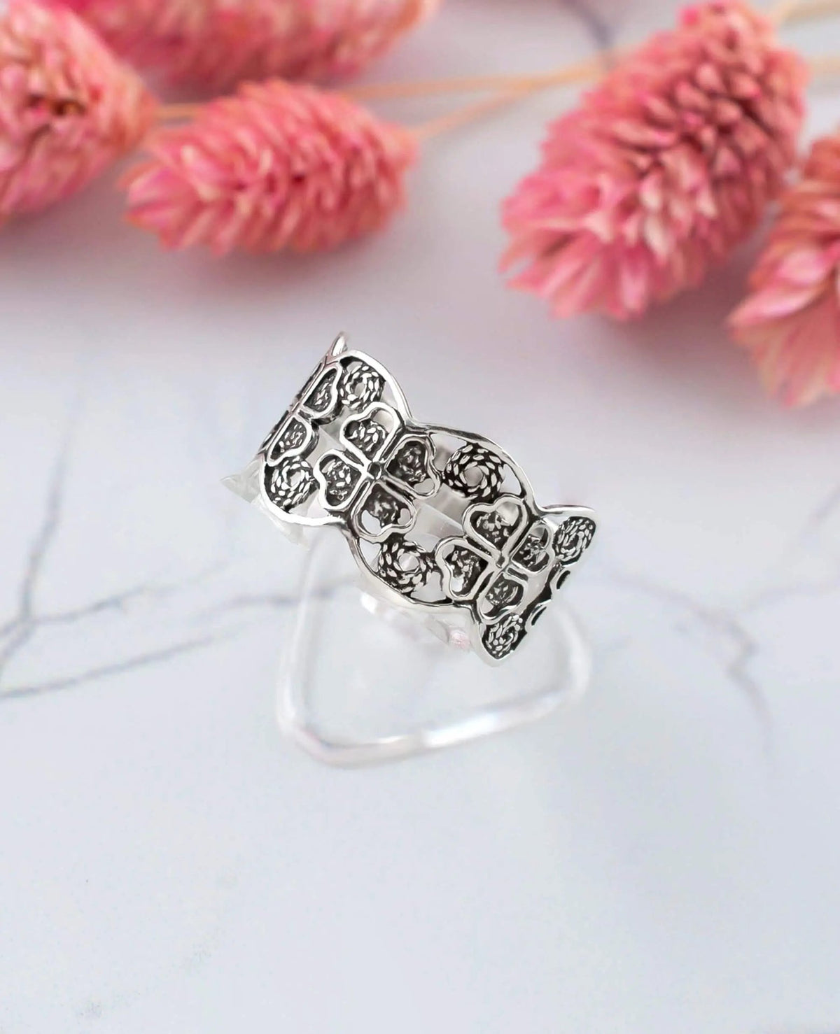 Luck and Elegance: Filigree Art Sterling Silver Women Four Clover Band Ring - Drakoi Marketplace