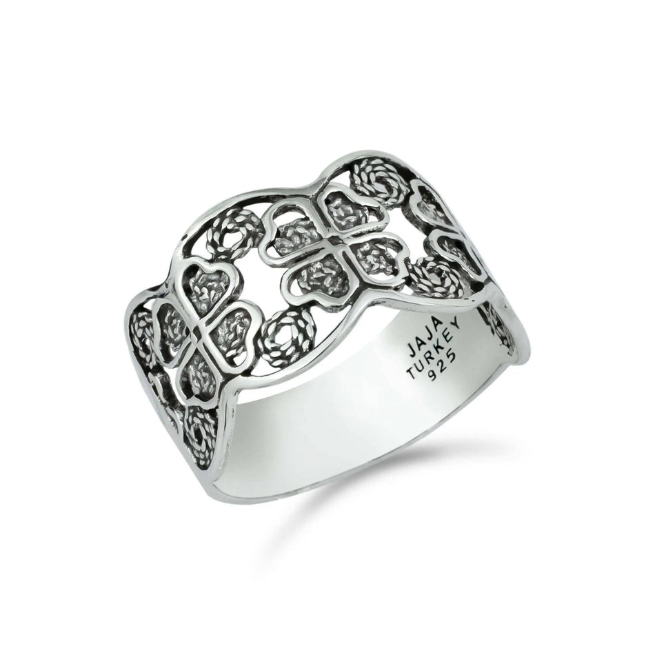 Luck and Elegance: Filigree Art Sterling Silver Women Four Clover Band Ring - Drakoi Marketplace